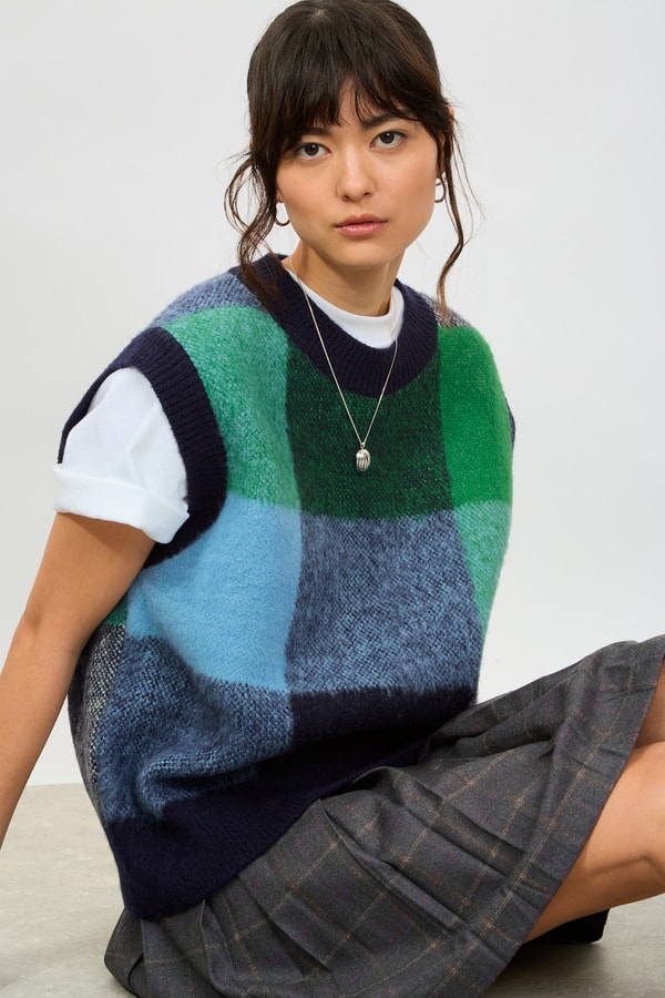 Glassworks London Navy green and light blue block check sweater vest Review
