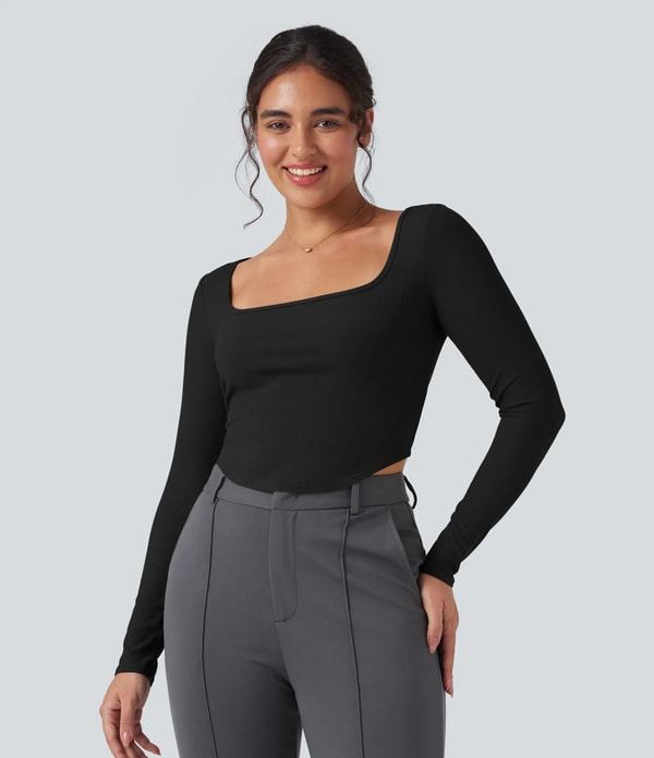 Halara Ribbed Knit Square Neck Long Sleeve Work T-Shirt Rese&ntilde;a