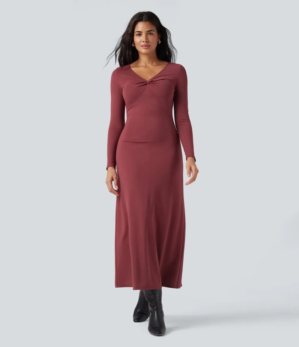 Halara V Neck Long Sleeve Maxi Casual Dress Rese&ntilde;a