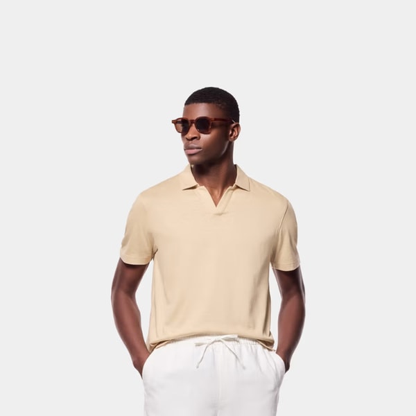 Hawes & Curtis Herren Sandfarbenes Open Collar Polo aus Baumwoll-Leinen Mischung Bewertung