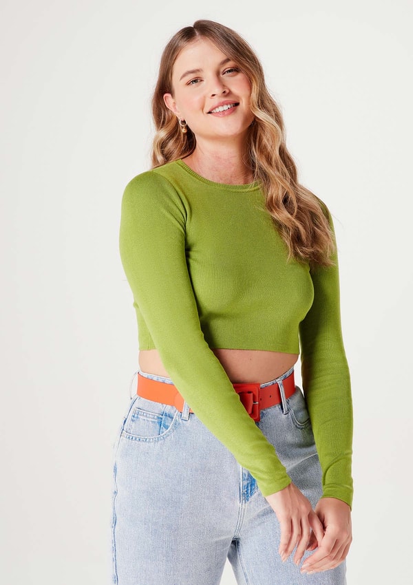 Hering Outlet Blusa Feminina Cropped Manga Longa Em Tric&ocirc; - Verde Avalia&ccedil;&atilde;o