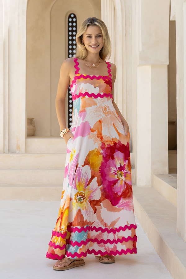 HEYCHIC Genevieve Pink Floral Ric Rac Maxi Dress Review