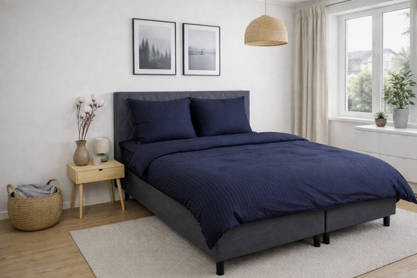 HOME-TEX Borg Living Katonen satijn dekbedovertrek 240x220 cm - Donkerblauwe jacquardstrepen Beoordeling