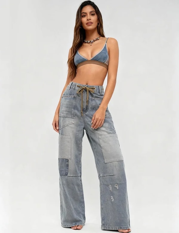 IN.FAME Ladies Vintage Patchwork Drawstring Wide Leg Denim Pants Review