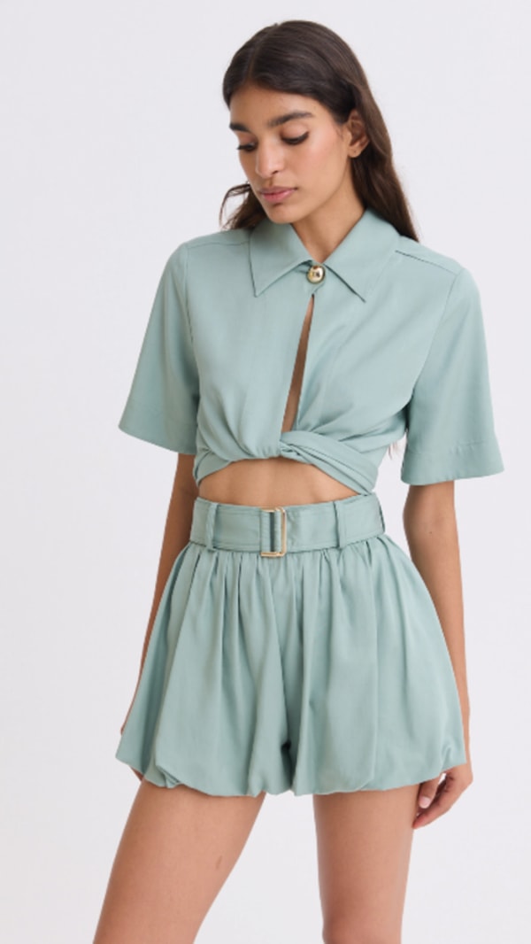 Isola Boutique Collared Dusty Teal Wrap Top Reviews