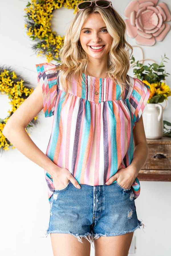 JaneFashion Multicolor Striped Tiered Ruffle Cap Sleeve Top Review
