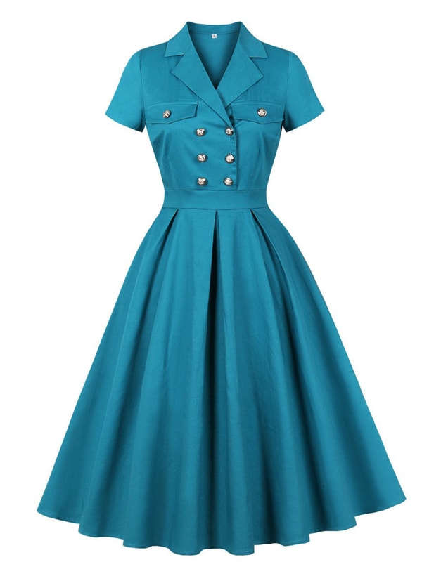 Jolly Vintage 1950s Teal Blue Retro Double Breasted Lapel Collar Swing Dress Review