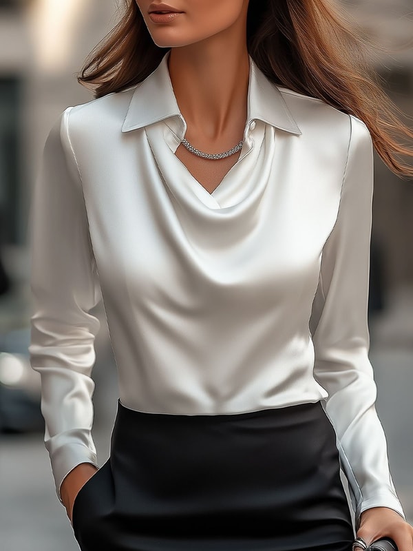 Mooyius Elegant White Satin Blouse with Draped Neckline Review