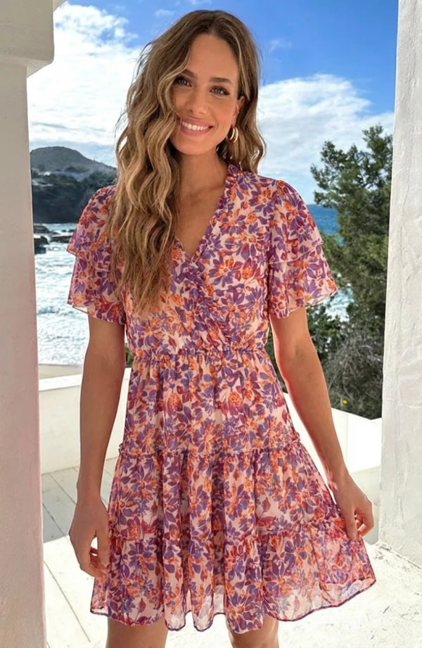 Jurkjes Ruffle V-Neck Print Dress Lila Orange Beoordeling