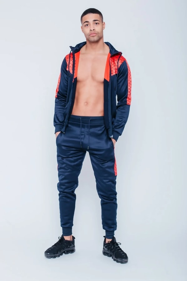 justyouroutfit Mens Navy Chevron Panel Hooded Skinny Tracksuit Review