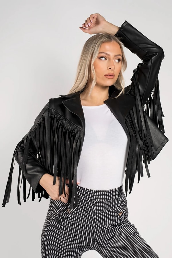justyouroutfit Black Faux Leather Fringe Cropped Jacket Review