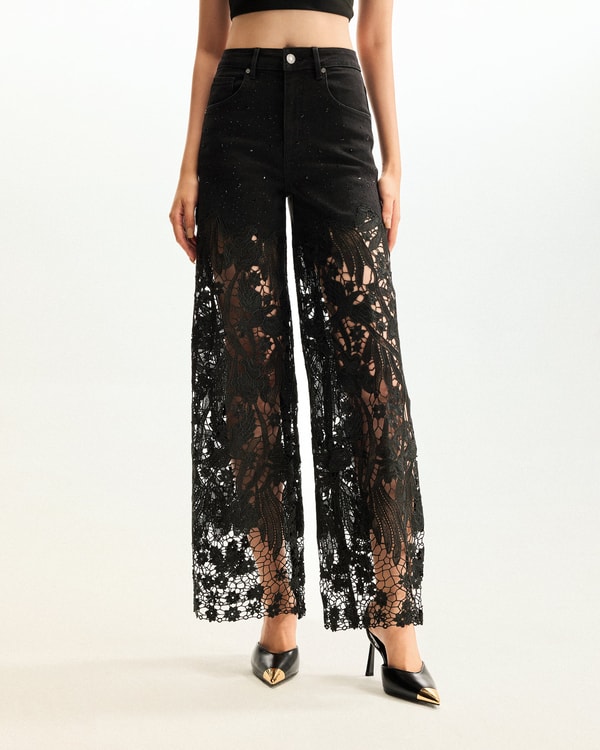 JW PEI Embroidery High-Rise Wide Leg Lace Denim Jeans with Rhinestone - Black Review