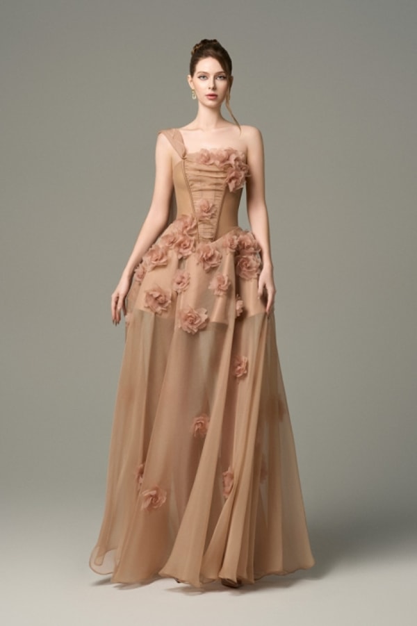 Kalisa Elowen 3D Floral Embellished One Shoulder Cape Silk Gown Reviews