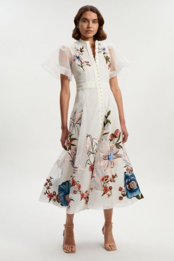 Karen Millen Botanical Embroidery Organdie Angel Sleeve Midi Dress Reviews