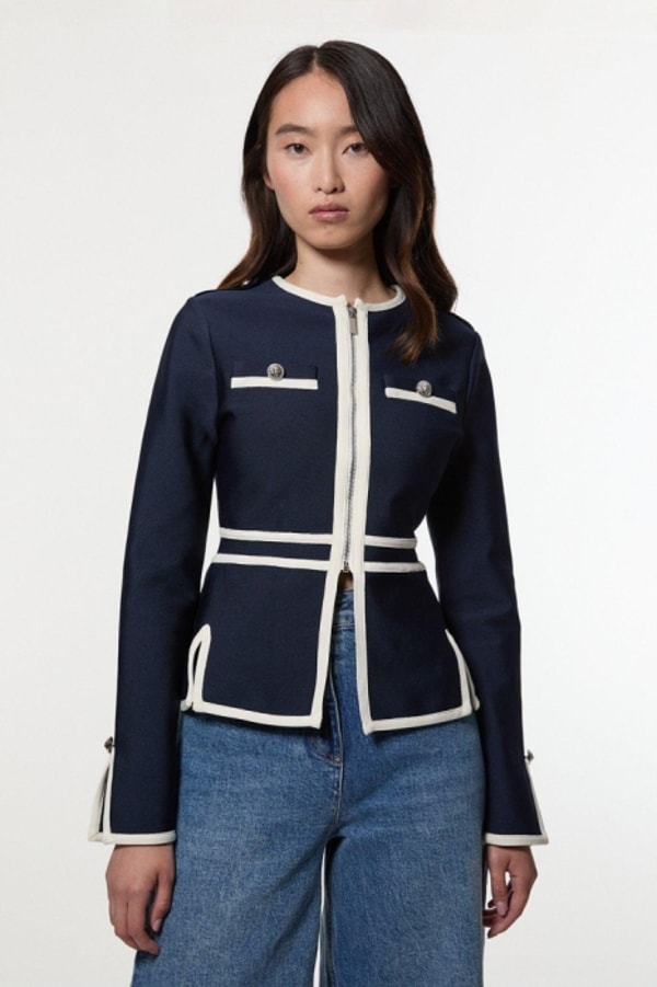 Karen Millen Figure Form Bandage Military Contrast Piping Knit Split Hem Jacket Reviews