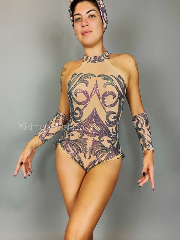 Kikimora Fashion Iridescent Sequins Skin Tone Leotard Reviews