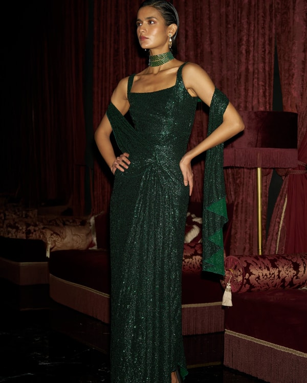 KYNAH Emerald Sequin Sari Drape Gown Reviews