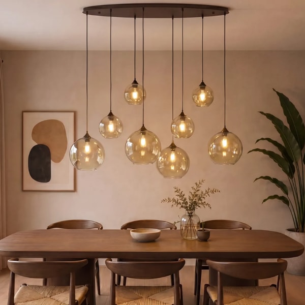 Lampadaeluce Lampadario Art Deco bronzo scuro con vetro ambrato ovale 8 luci Sandra Bewertung
