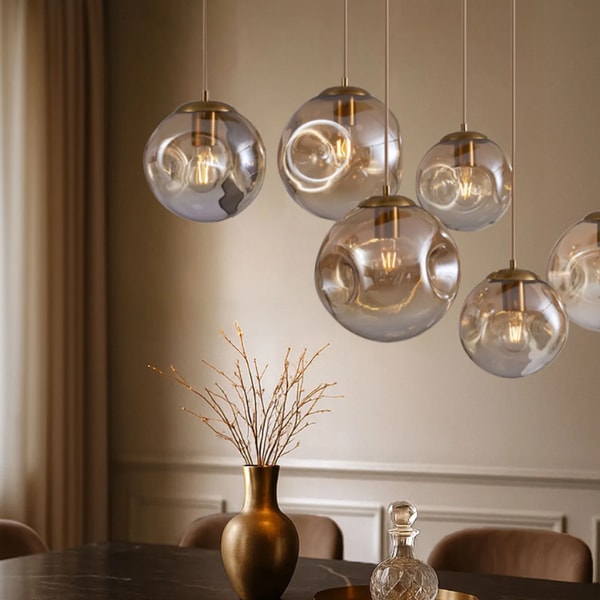 Lampadaeluce Lampada a sospensione Art D&eacute;co in ottone con rosone ovale e vetro ambrato a 6 luci Douglass Bewertung