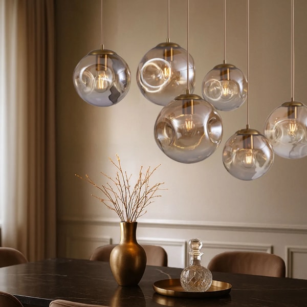 Lampeetlumiere Suspension Art D&eacute;co Laiton avec Plaque de Plafond Ovale et Verre Ambr&eacute; 6 Lumi&egrave;res Bewertung