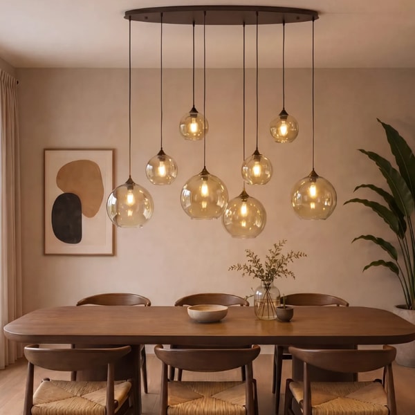 Lampenlicht Art Deco hanglamp donkerbrons met amber glas ovaal 8-lichts - Sandra Beoordeling