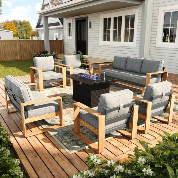 LayinSun 7-Piece Aluminum Outdoor Seating Group with 44 Inch Fire Pit Table Review