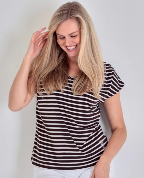 Liberty Woman Streifenshirt in Braun mit V-Ausschnitt Bewertung