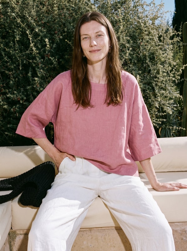 Linen Still Linen Round Neck Half Sleeve Curved Hem Relaxed Blouse Review