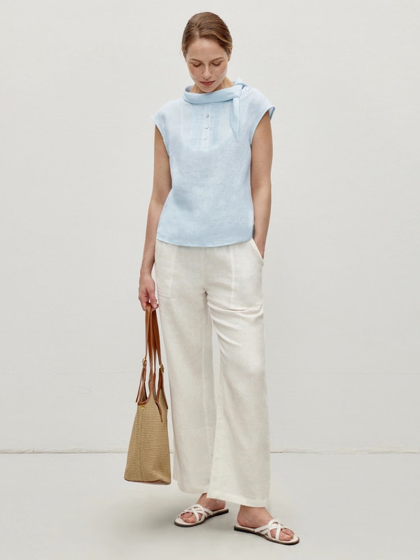 Linen Still Linen Tie Collar Front Pleated Sleeveless Top Review