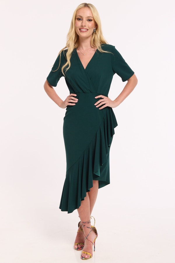 Liquorish Online Emerald Green Frill Wrap Midi Dress Review