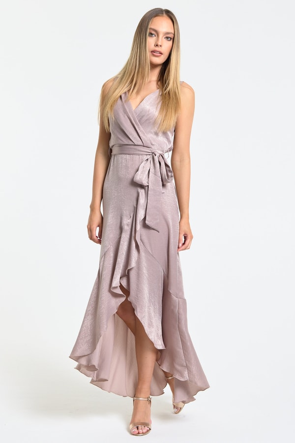 Liquorish Online Dusty Pink Satin Wrap Maxi Dress Review