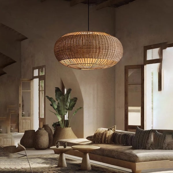 Living and Home Lightsin Handcrafted Rattan Pendant Light in Flat Round Basket Shape Review