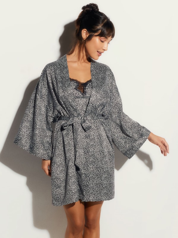 Loungerie Robe Curto Manga Longa Cetim Bella Luna Poa Preto/Branco Avalia&ccedil;&atilde;o