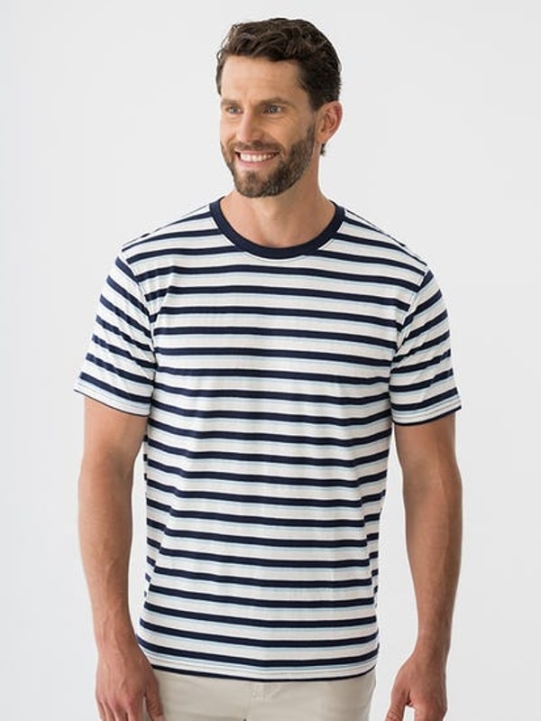 Lowes Menswear Classic Stripe T-Shirt Bright Navy Pastel Blue Ivory Review