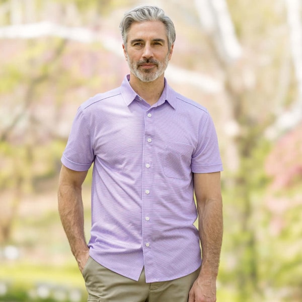 MagnaReady Adaptive Cooling Magnetic Front Short Sleeve Shirt in Pink and Blue Stripe Review