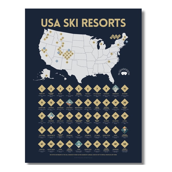McSenderson Scratch-Off Top 50 USA Ski Resorts Map - Vertical Review