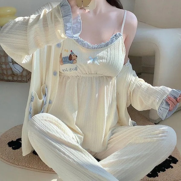 MING MING Embroidery Button-Up Bow 3-Piece Home Wear Set Review