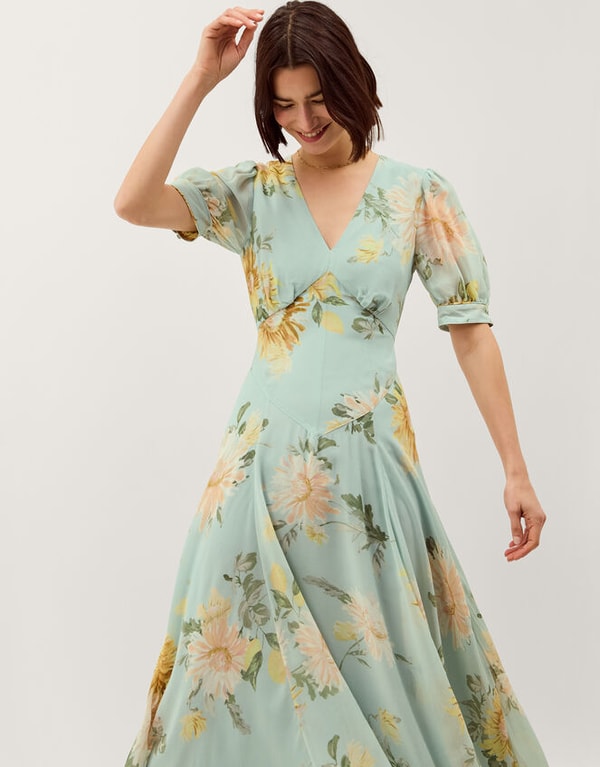 Monsoon Carris Puff Sleeve Floral Midi Dress Green Review