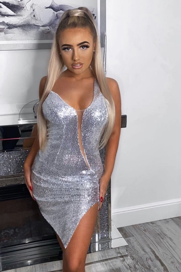 Nazz Collection Rare Find Silver Sequin Mesh One Shoulder Slit Dress Review