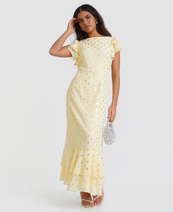 Needs No Label Lemon Flutter Sleeve Foil Midaxi Dress Review