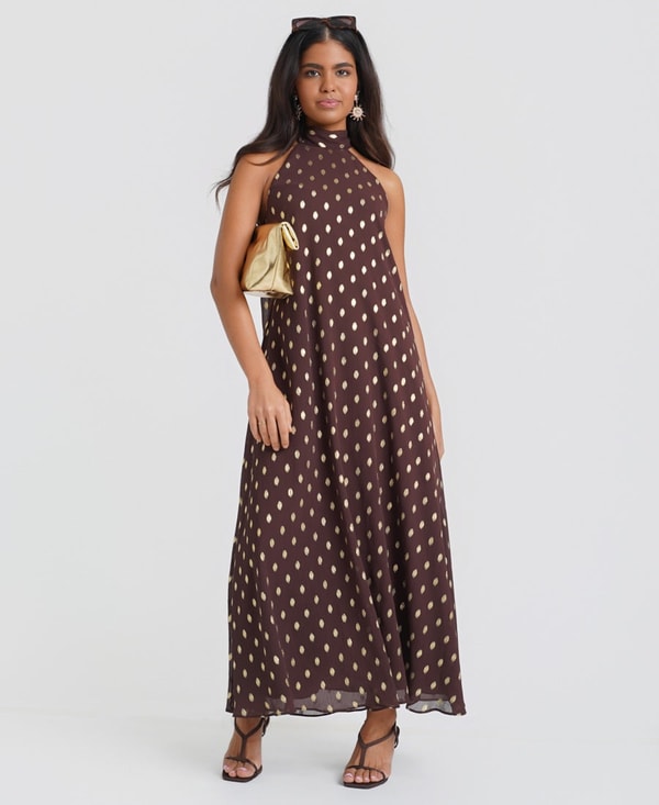 Needs No Label Dark Brown Foil Halter Maxi Dress Review