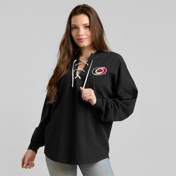 NHL Shop Women's Carolina Hurricanes Fanatics Black 2026 Stanley Cup Champions Lace-Up Spirit Jersey Long Sleeve T-Shirt Review