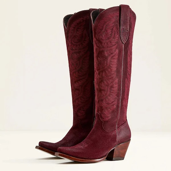 Nicepairs Maroon Embroidered Chunky Heel Knee-High Cowgirl Boots with Side Zip Review