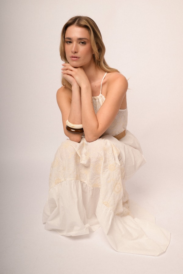 White Belted Floral Embroidery Cotton Maxi Dress Review