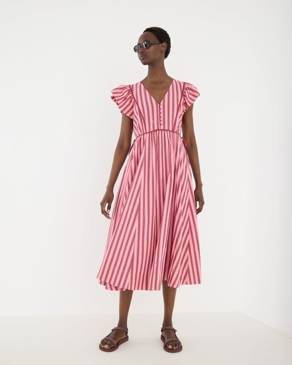Oliver Bonas Burgundy & Pink Striped Tie Waist Midi Dress Review