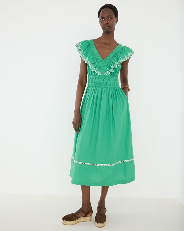 Oliver Bonas Green Broderie Frill V-Neck Cotton Midi Dress Review