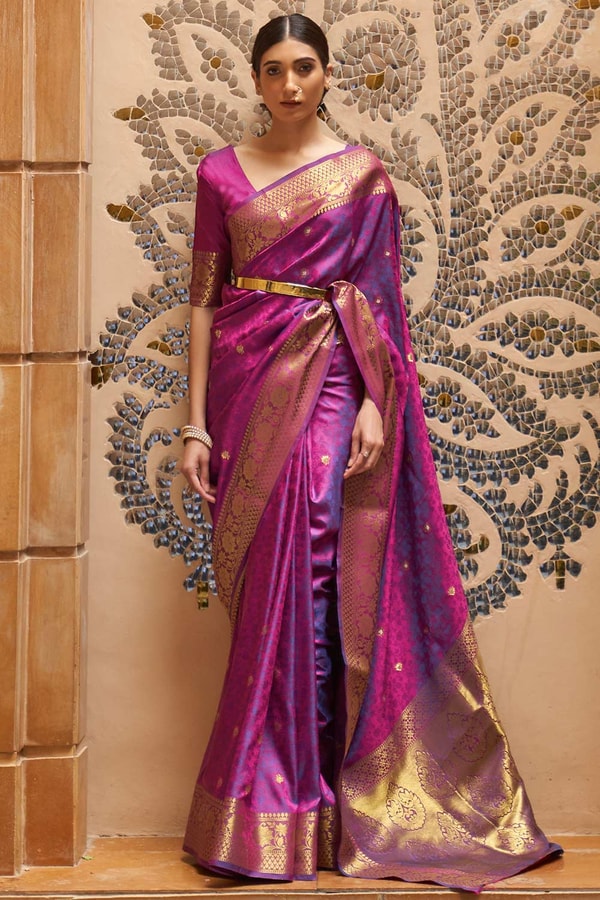 One Minute Saree Ana Purple Silk Foil Print Lace One Minute Saree Review