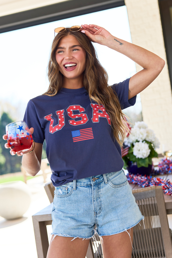 Pink Lily Athletic USA Flag Star Print Navy Graphic Tee Review