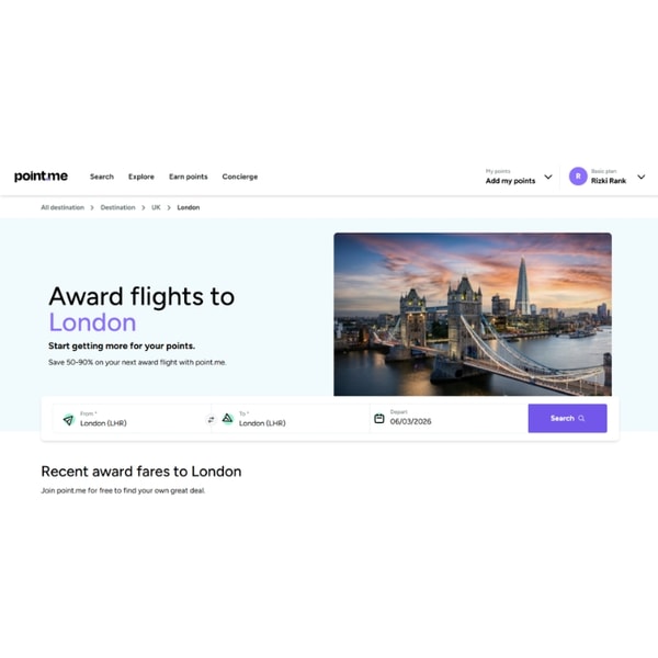 Point.me Award flights to London Review