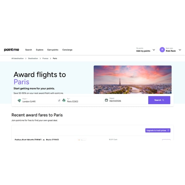 Point.me Award flights to Paris Review